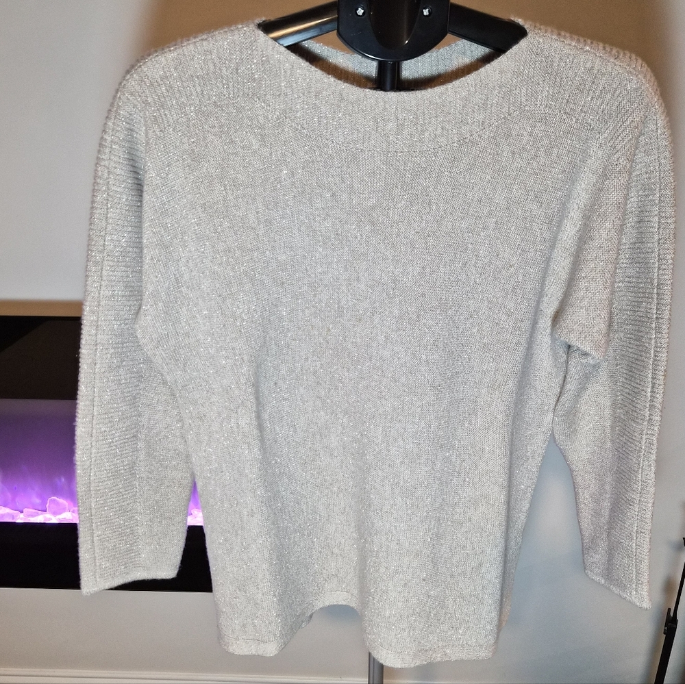 ​Talbots Petite XLp Metallic Shimmer Wool Blend Boatneck Sweater Beige EUC